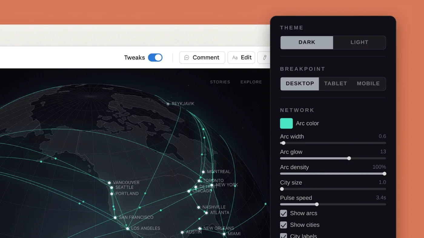 Claude Design editor with a world map design and a panel of adjustment controls