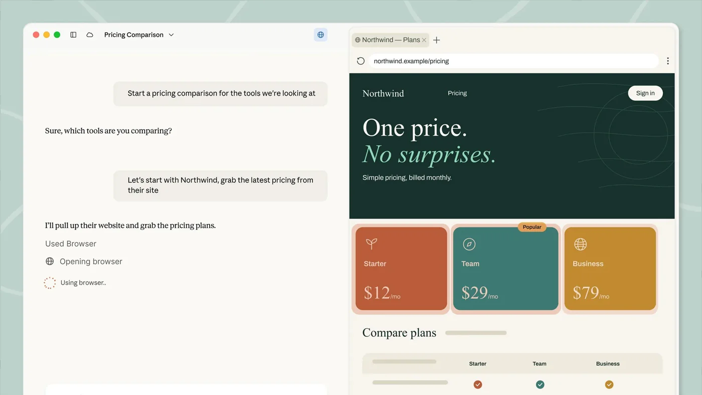 Claude desktop app with a conversation on the left and a browser panel on the right