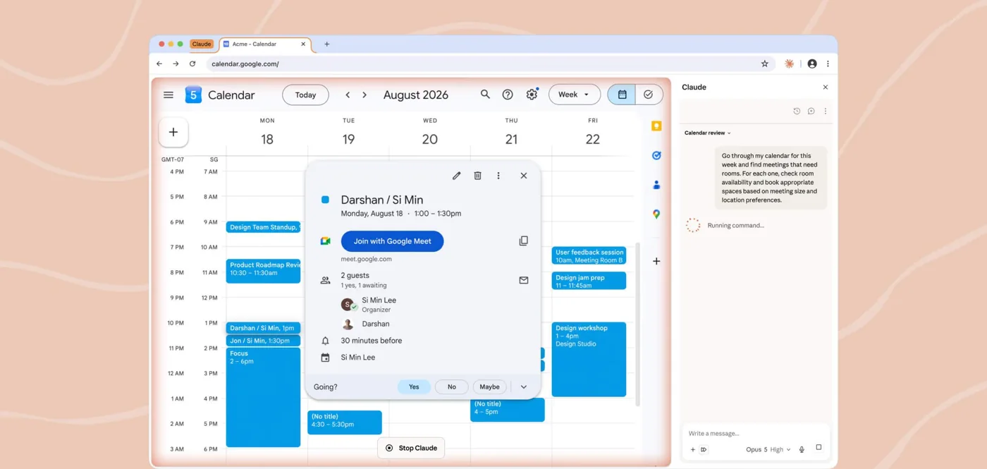 Google Calendar in Chrome with the Claude side panel open on the right