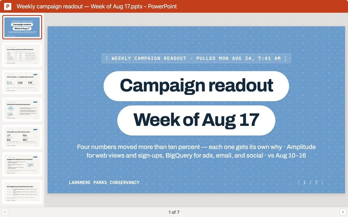 A slide deck that Claude made, opened in PowerPoint